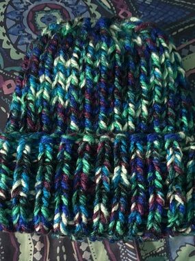 Chunky Multicolor Knit Beanie - Teal, Blue & Purple